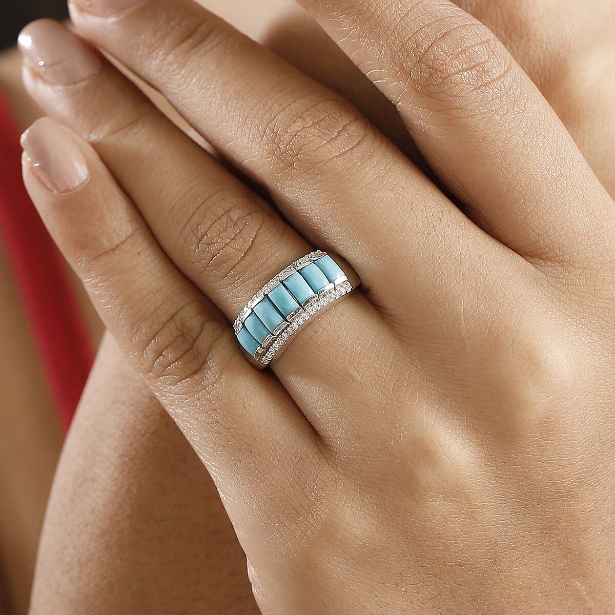 D'Joy Sleeping Beauty Turquoise and Moissanite 1.90 ctw Ring in Rhodium Over Sterling Silver (Size 6.0) (Del. in 8-10 Days) image number 2