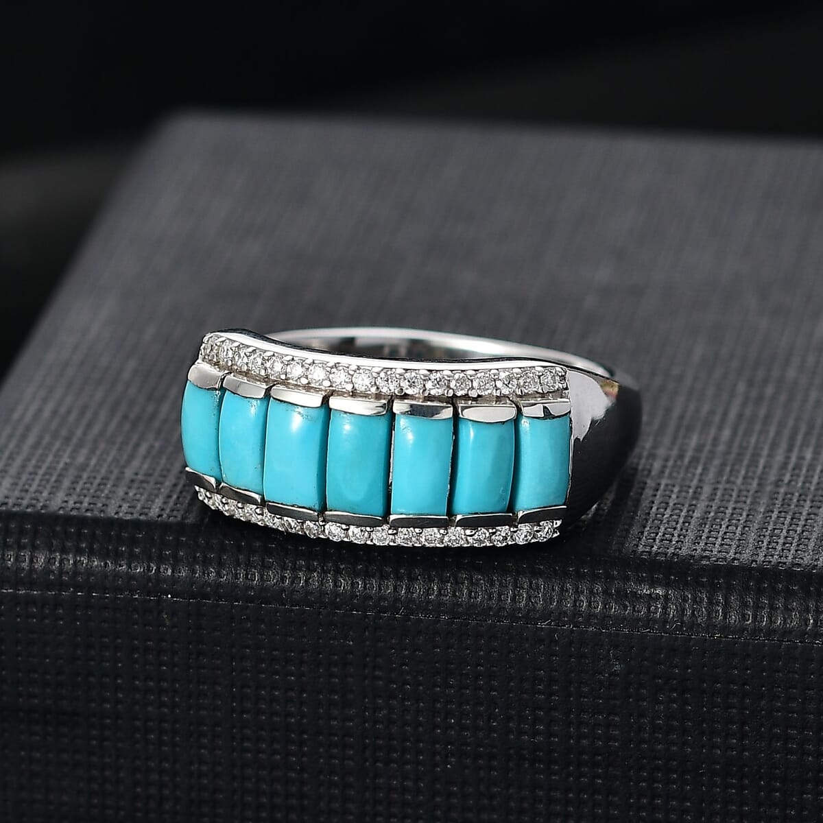 Sleeping Beauty Turquoise and Moissanite 1.90 ctw Ring in Rhodium Over Sterling Silver (Size 7.0) (Del. in 8-10 Days) image number 1