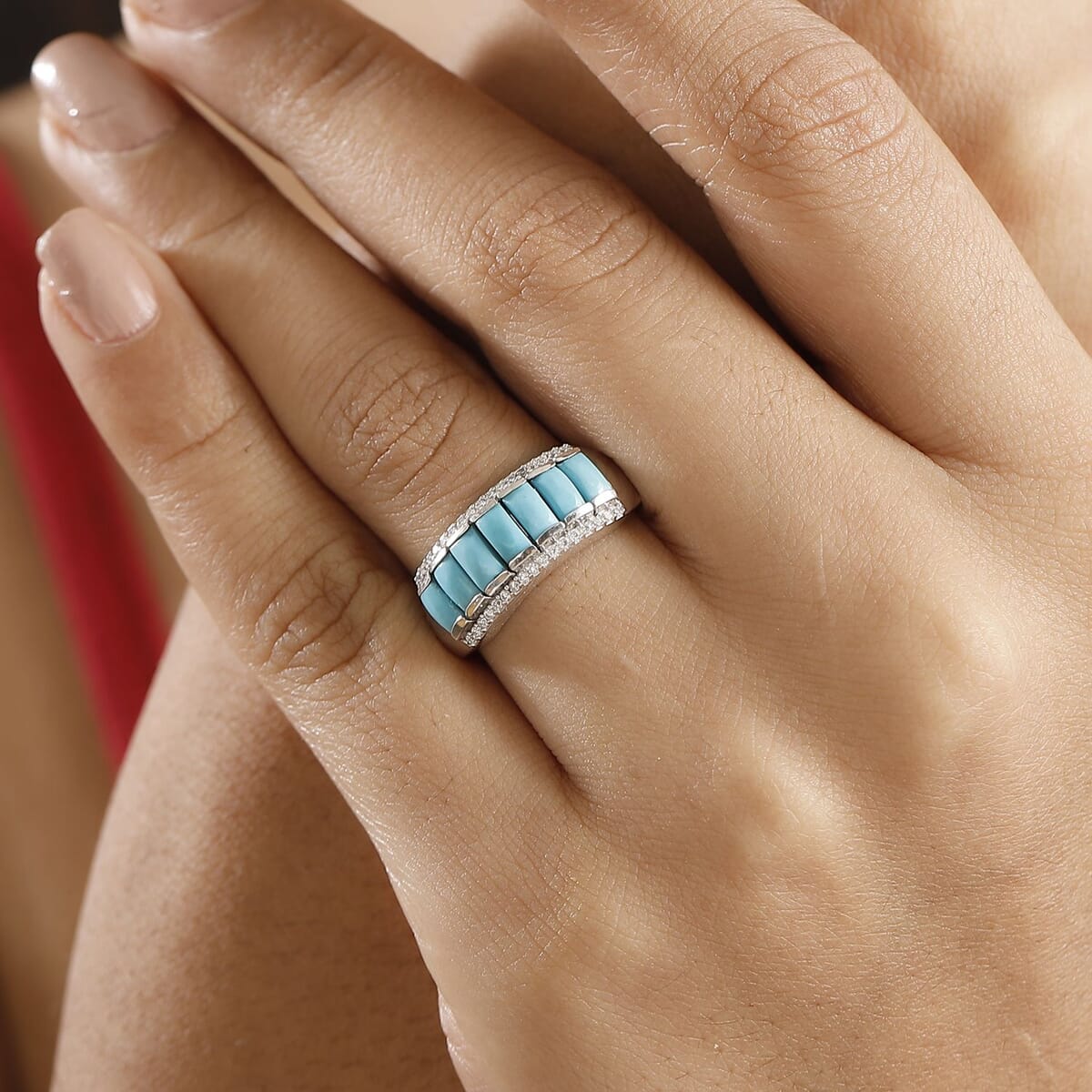 Sleeping Beauty Turquoise and Moissanite 1.90 ctw Ring in Rhodium Over Sterling Silver (Size 7.0) (Del. in 8-10 Days) image number 2
