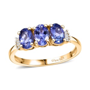 AAA Tanzanite and Diamond 1.65 ctw 3 Stone Ring in 18K Vermeil Yellow Gold Over Sterling Silver (Size 10.0)