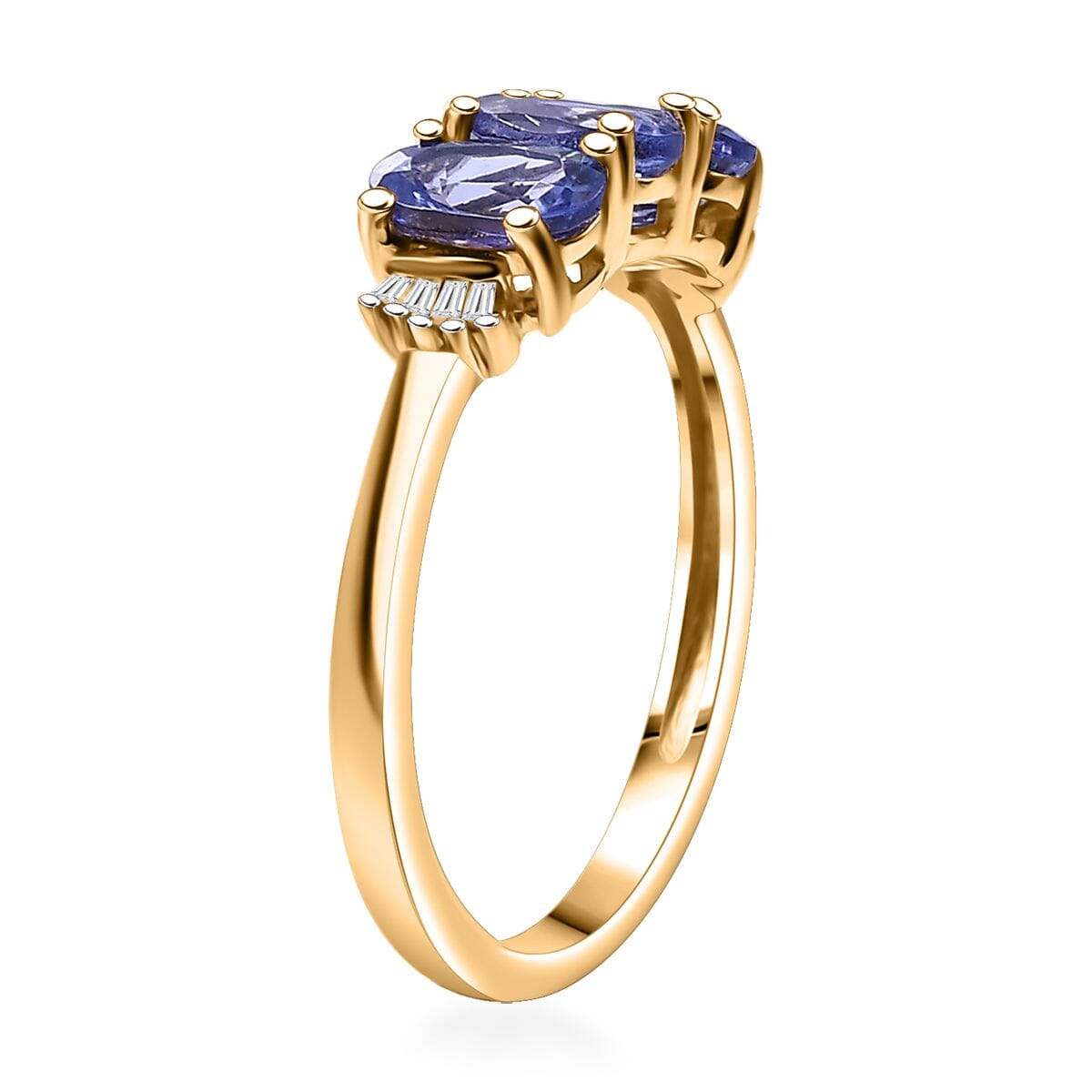 AAA Tanzanite and Diamond 1.65 ctw 3 Stone Ring in 18K Vermeil Yellow Gold Over Sterling Silver (Size 10.0) image number 3