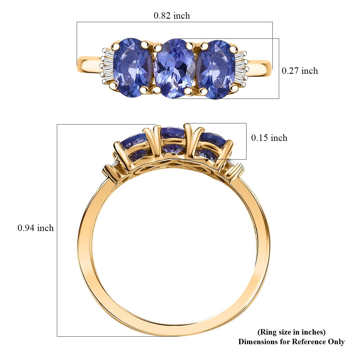 AAA Tanzanite and Diamond 1.65 ctw 3 Stone Ring in 18K Vermeil Yellow Gold Over Sterling Silver (Size 10.0) image number 5