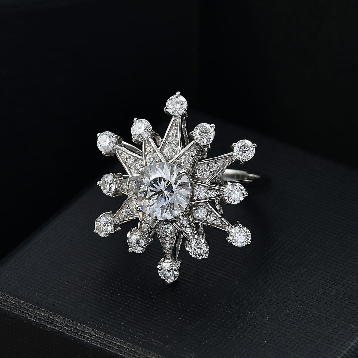 Crisantemo Cut Moissanite 3.50 ctw Snowflake Ring in Rhodium Over Sterling Silver (Size 7.0) image number 1