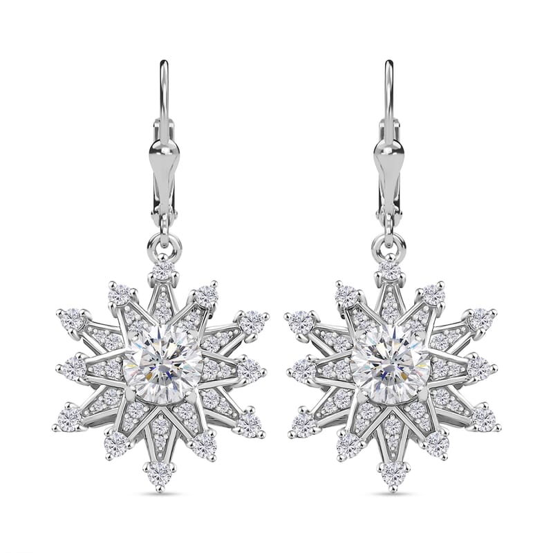 D'Joy Crisantemo Cut Moissanite 3.75 ctw Snowflake Earrings in Rhodium Over Sterling Silver