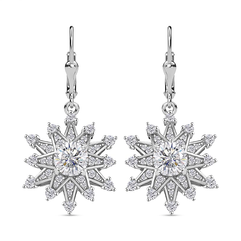 D'Joy Crisantemo Cut Moissanite 3.75 ctw Snowflake Earrings in Rhodium Over Sterling Silver