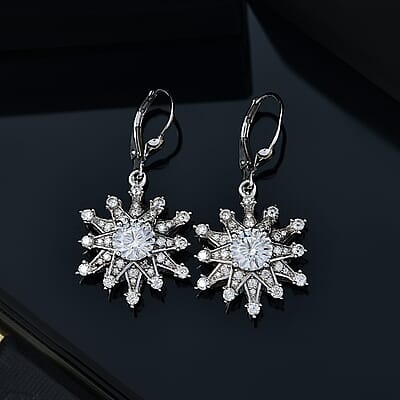 D'Joy Crisantemo Cut Moissanite 3.75 ctw Snowflake Earrings in Rhodium Over Sterling Silver