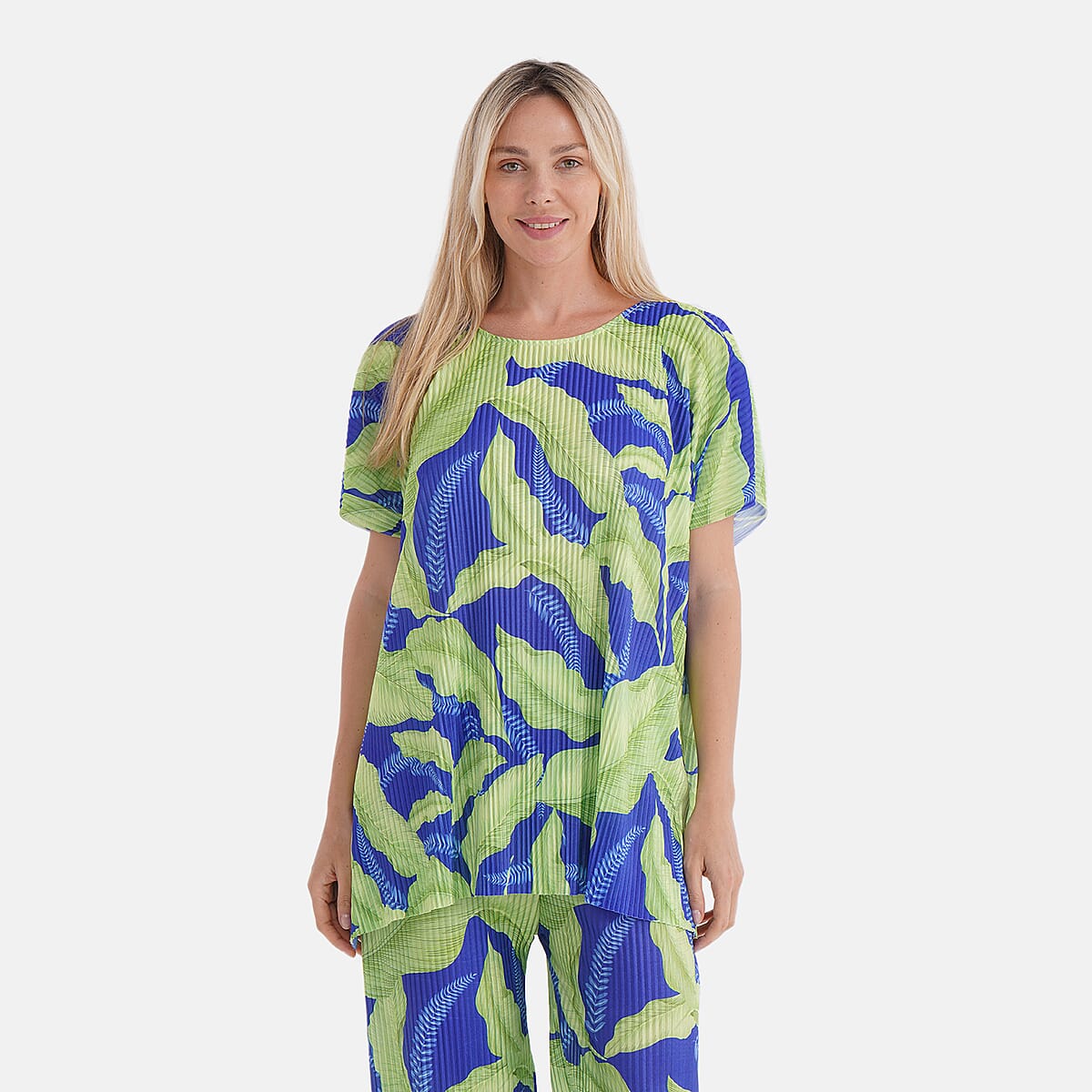 Tamsy Lime Tropical 2 Piece Pleated Polyester Top and Bottom Set - One Size Fits Most image number 1