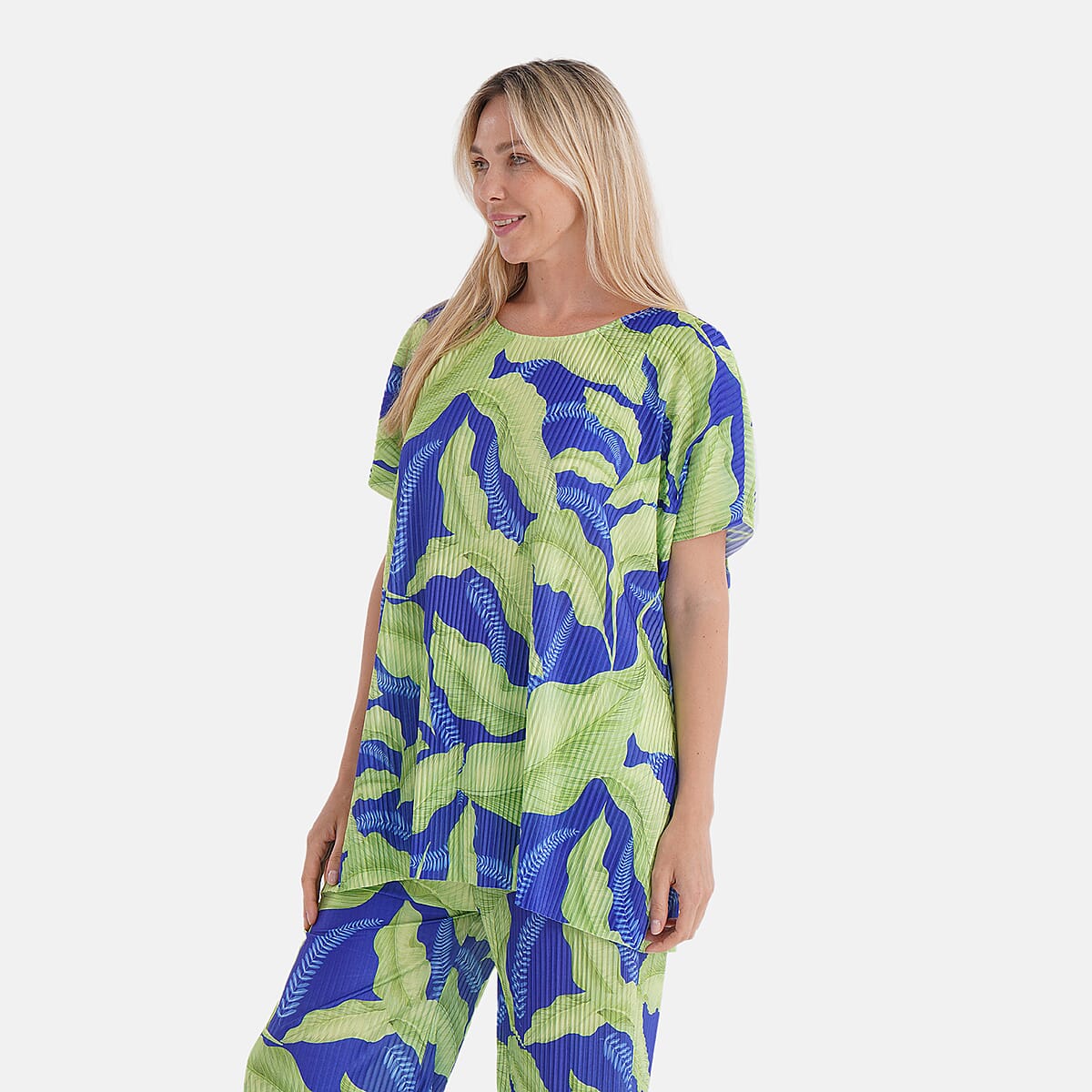 Tamsy Lime Tropical 2 Piece Pleated Polyester Top and Bottom Set - One Size Fits Most image number 2