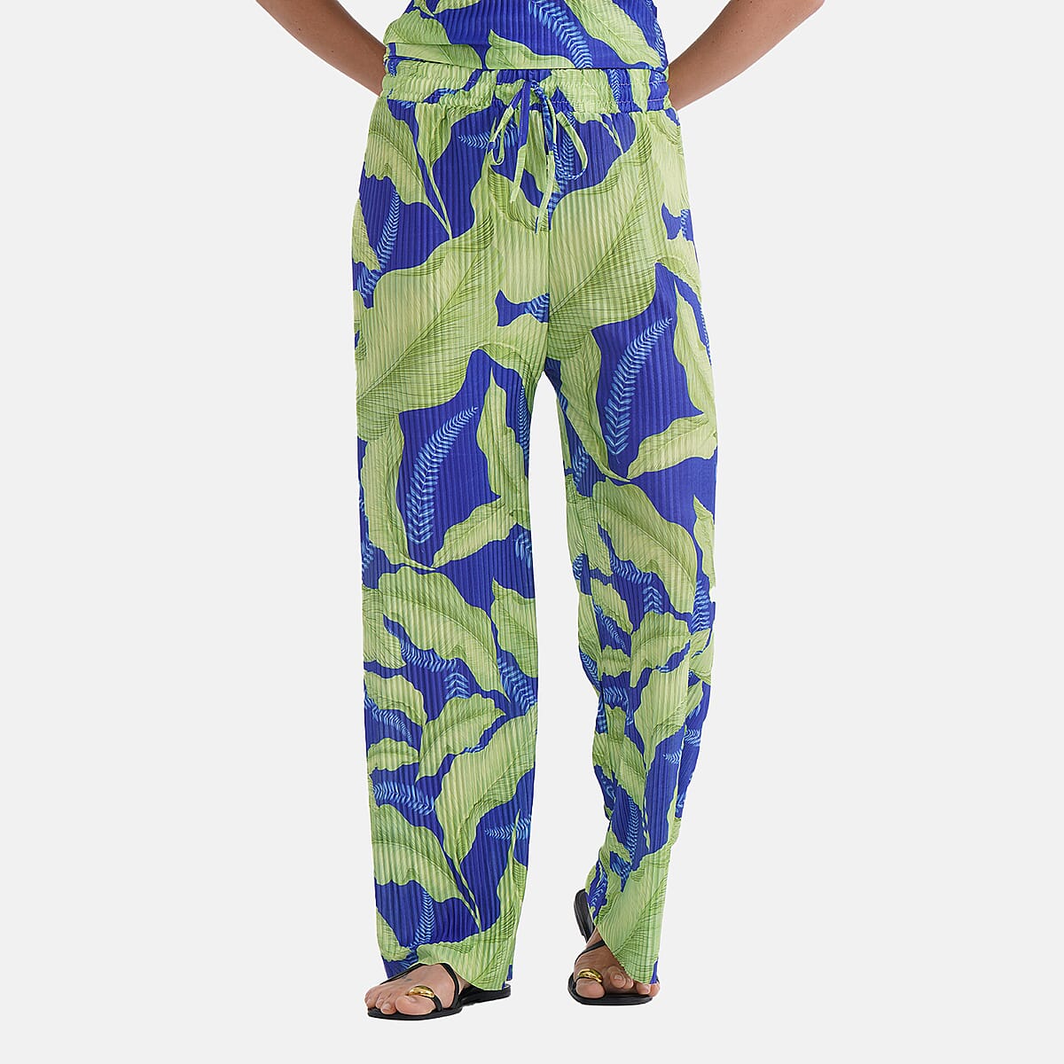 Tamsy Lime Tropical 2 Piece Pleated Polyester Top and Bottom Set - One Size Fits Most image number 5