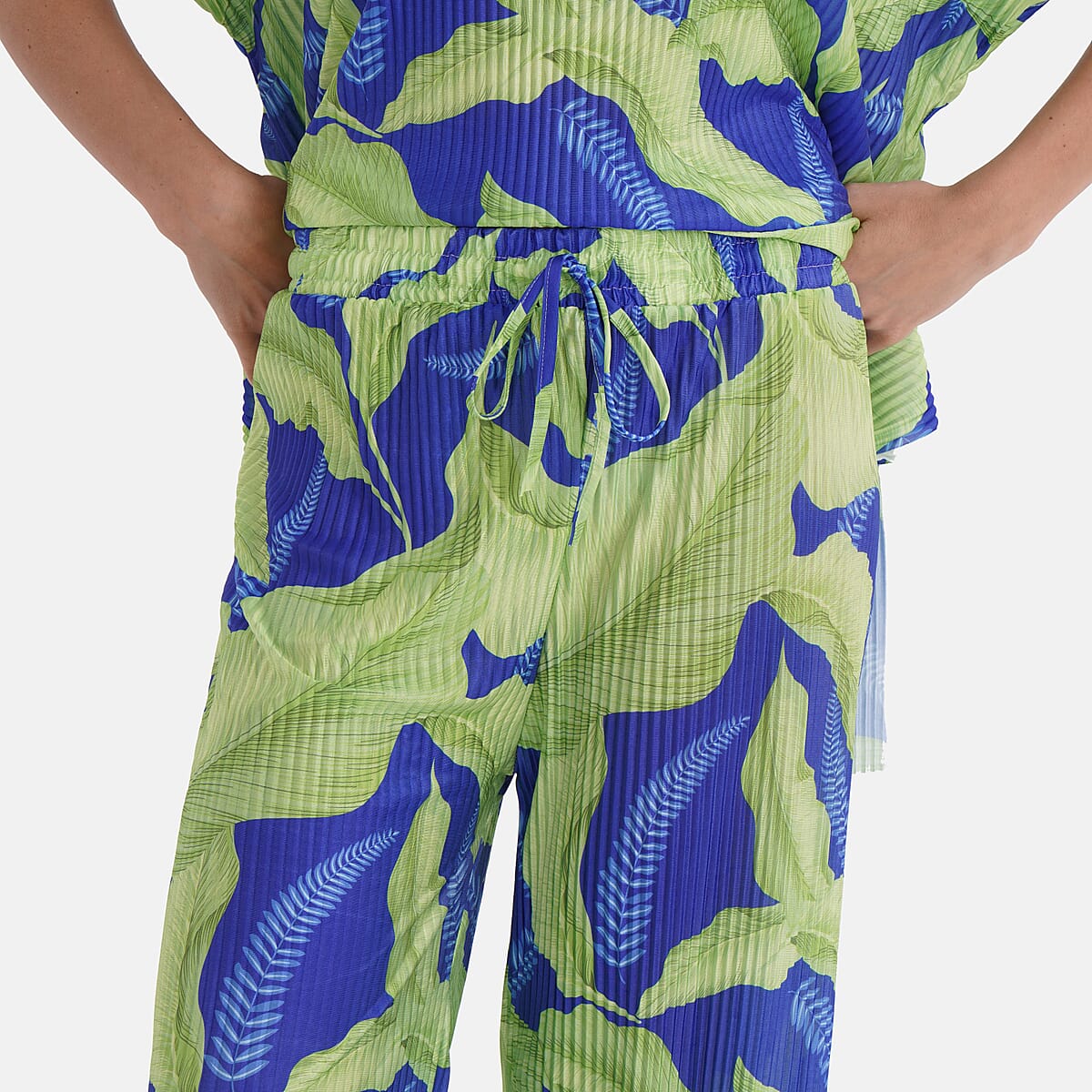 Tamsy Lime Tropical 2 Piece Pleated Polyester Top and Bottom Set - One Size Fits Most image number 8