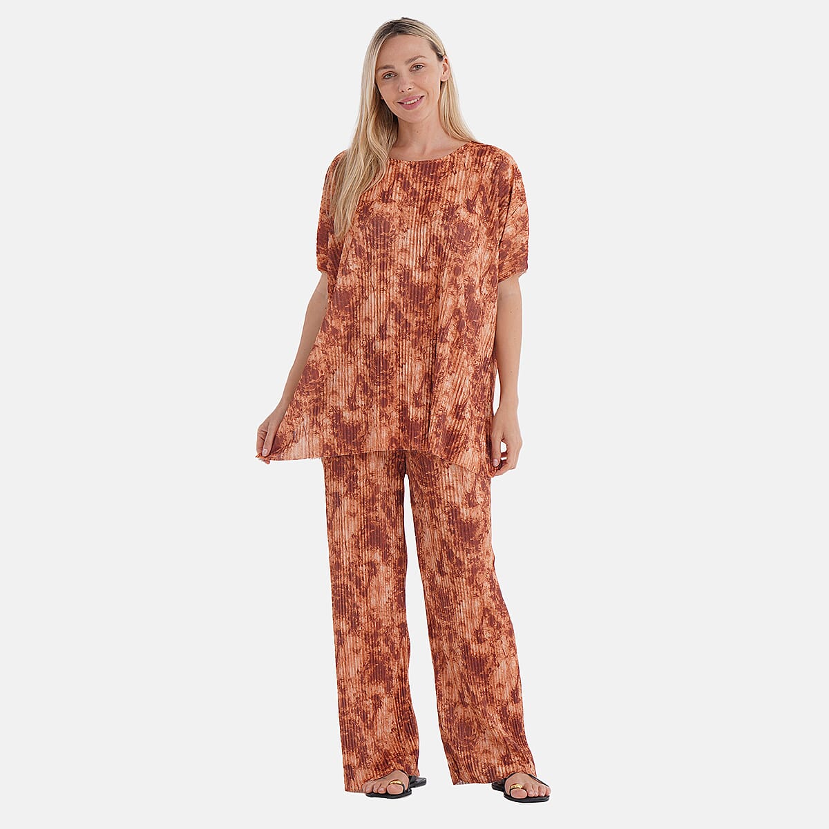 Tamsy Ginger Tie Dye 2 Piece Pleated Polyester Top and Bottom Set - One Size Fits Most image number 0
