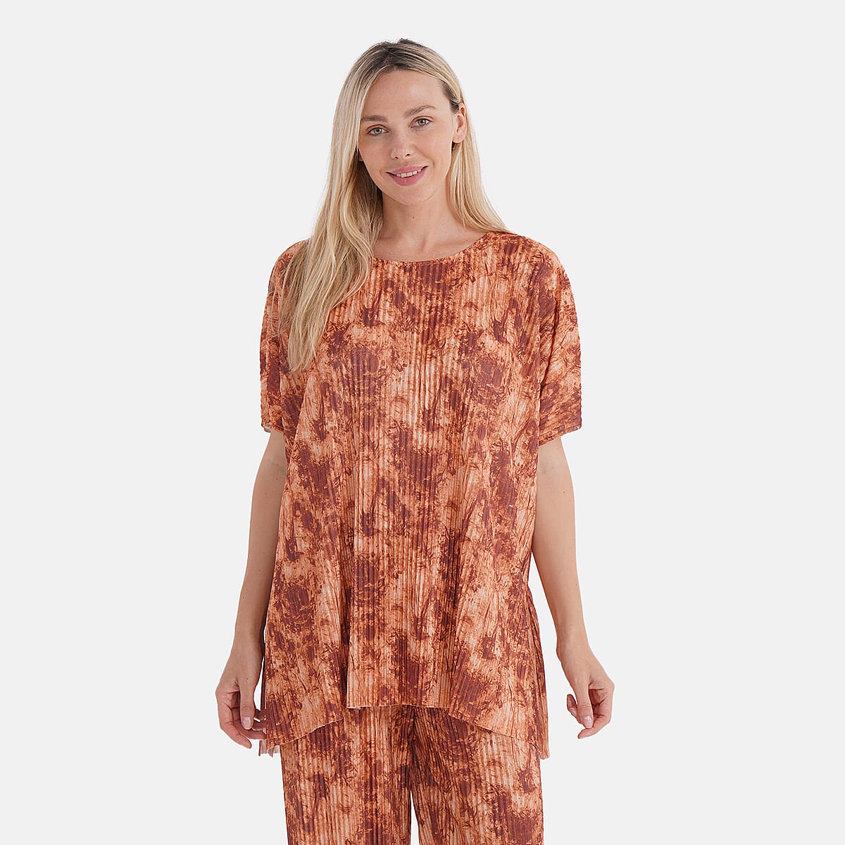 Tamsy Ginger Tie Dye 2 Piece Pleated Polyester Top and Bottom Set - One Size Fits Most image number 1