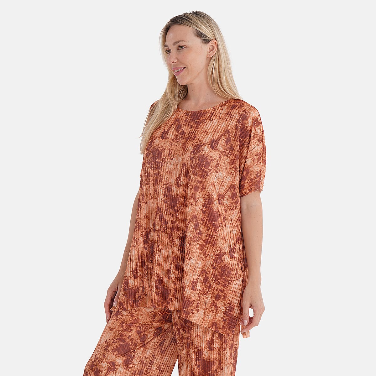 Tamsy Ginger Tie Dye 2 Piece Pleated Polyester Top and Bottom Set - One Size Fits Most image number 2