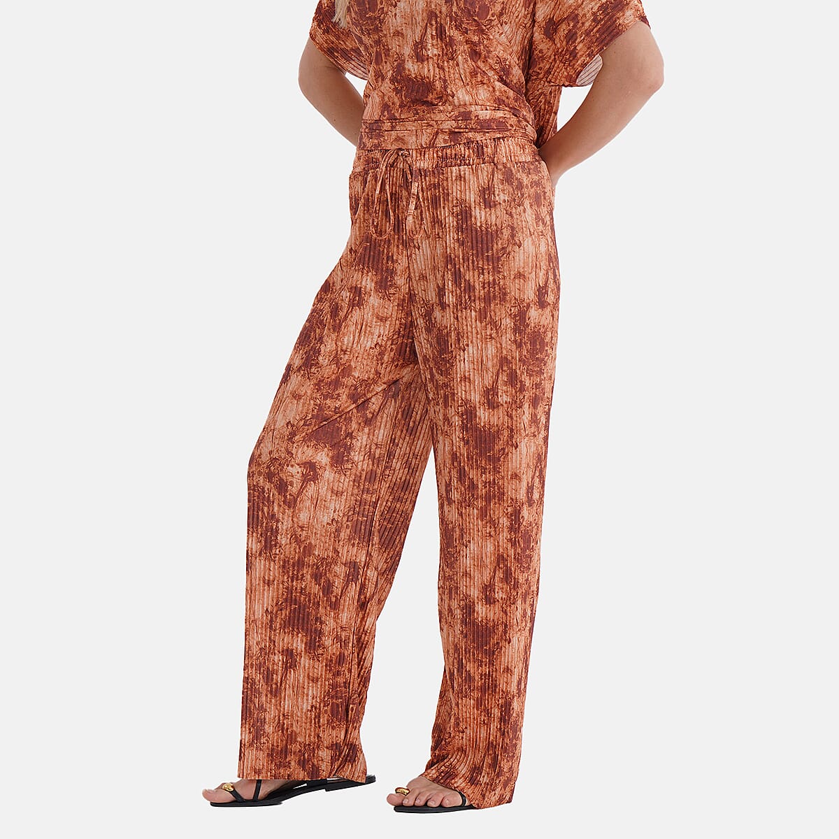 Tamsy Ginger Tie Dye 2 Piece Pleated Polyester Top and Bottom Set - One Size Fits Most image number 6