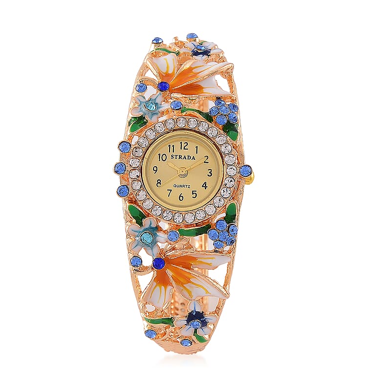 Strada Multi Color Austrian Crystal, Enameled Japanese Movement Bangle Watch in Goldtone (23.1mm) (6.5-7.0In)