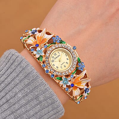 Strada Multi Color Austrian Crystal, Enameled Japanese Movement Bangle Watch in Goldtone (23.1mm) (6.5-7.0In)