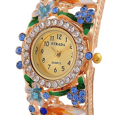 Strada Multi Color Austrian Crystal, Enameled Japanese Movement Bangle Watch in Goldtone (23.1mm) (6.5-7.0In)