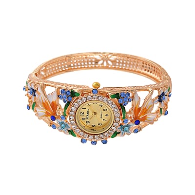 Strada Multi Color Austrian Crystal, Enameled Japanese Movement Bangle Watch in Goldtone (23.1mm) (6.5-7.0In)