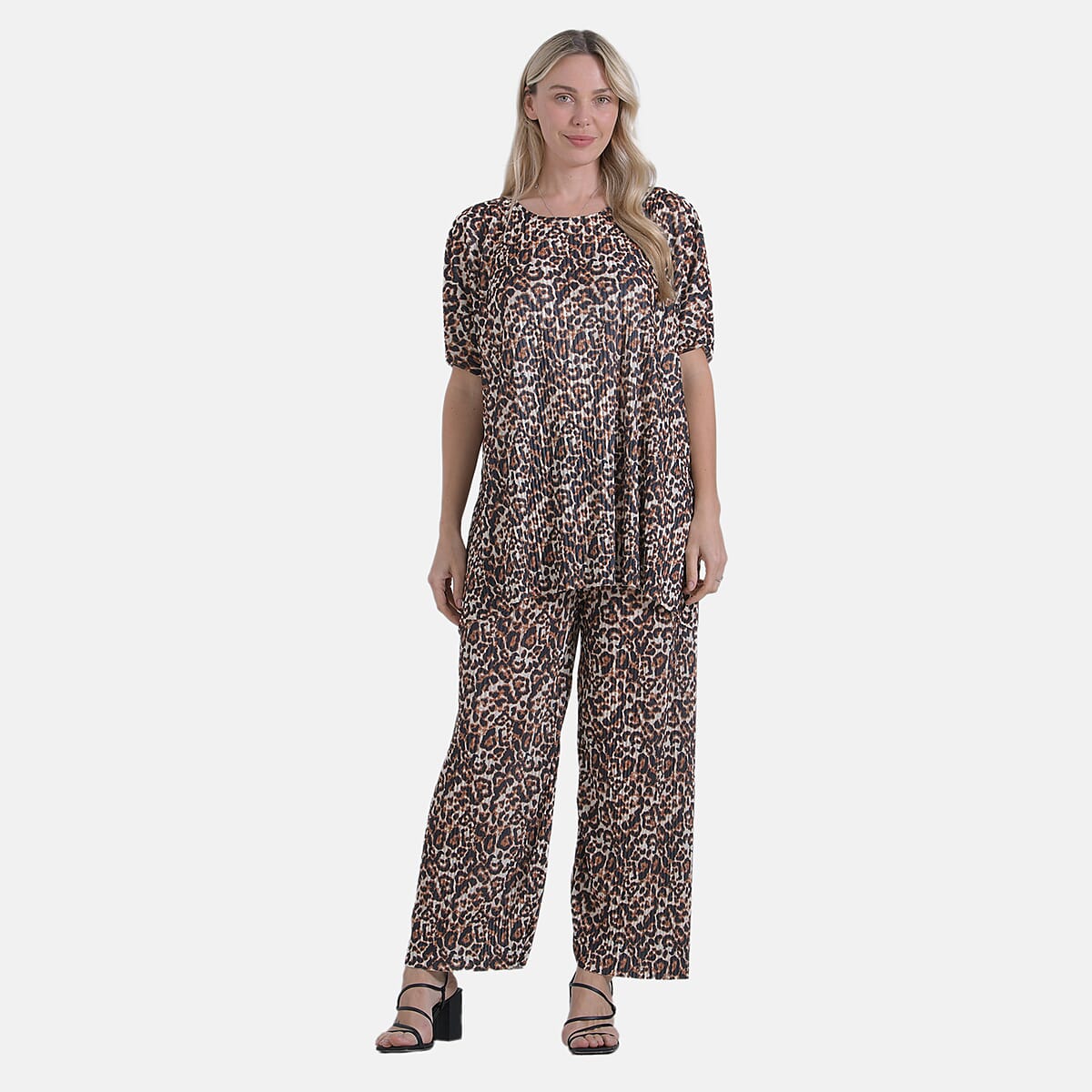 Tamsy Brown Leopard 2 Piece Pleated Polyester Top and Bottom Set - One Size Fits Most image number 0