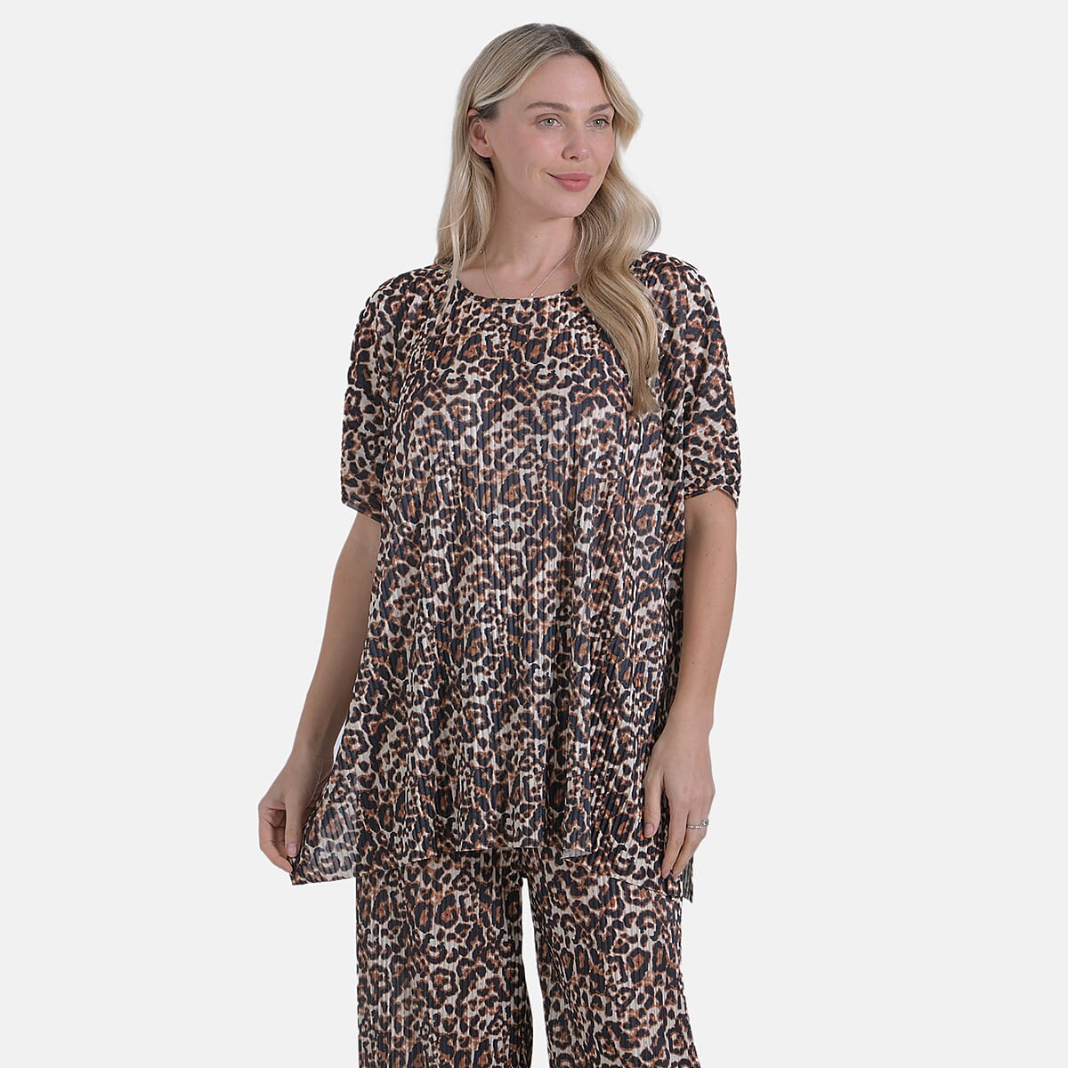 Tamsy Brown Leopard 2 Piece Pleated Polyester Top and Bottom Set - One Size Fits Most image number 1