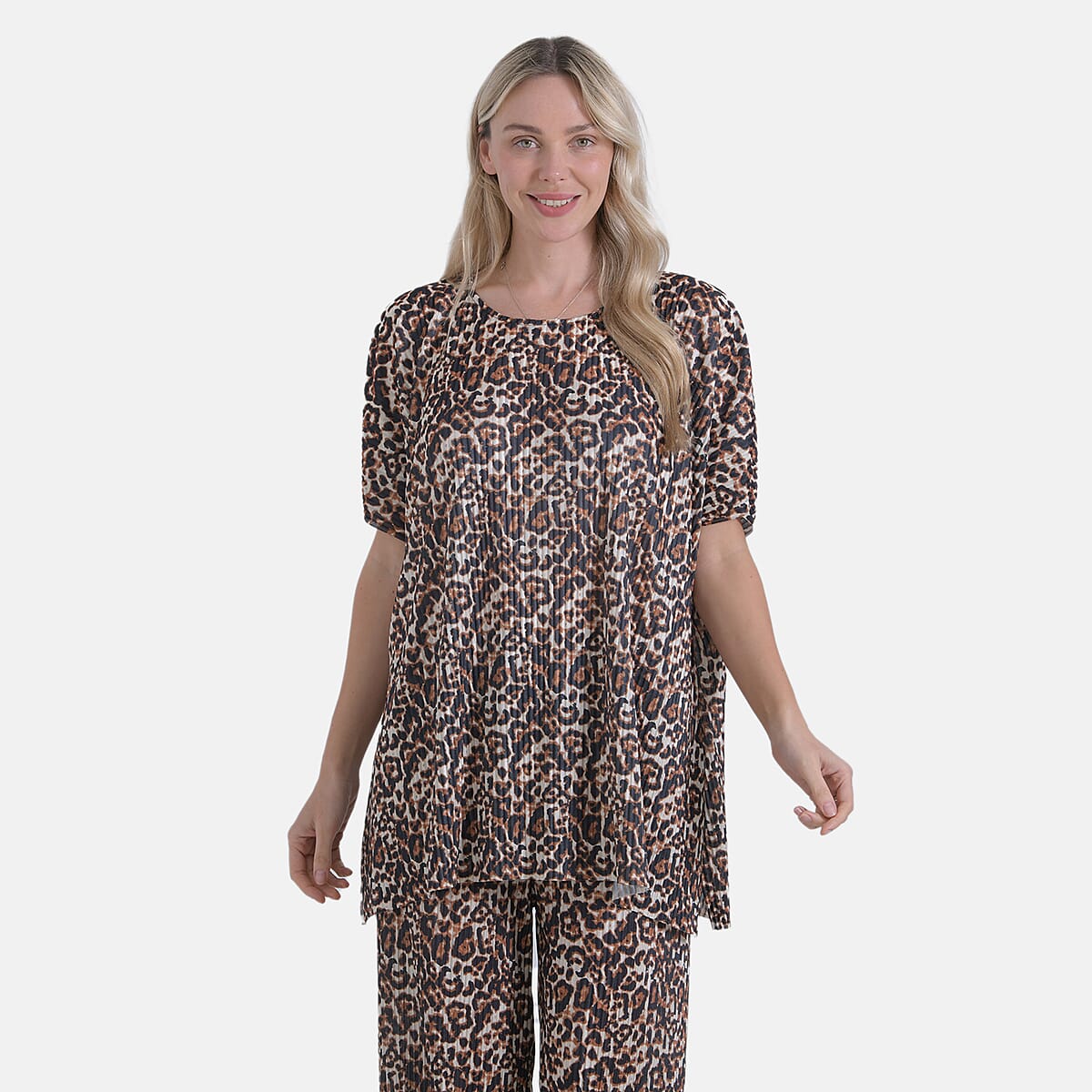 Tamsy Brown Leopard 2 Piece Pleated Polyester Top and Bottom Set - One Size Fits Most image number 2
