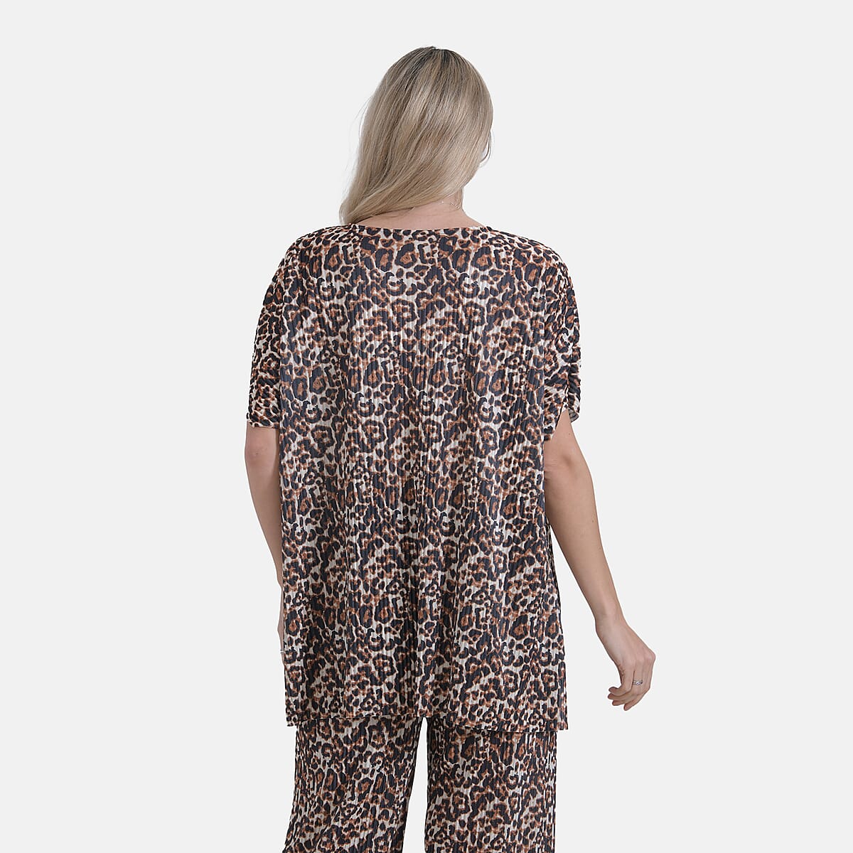 Tamsy Brown Leopard 2 Piece Pleated Polyester Top and Bottom Set - One Size Fits Most image number 3