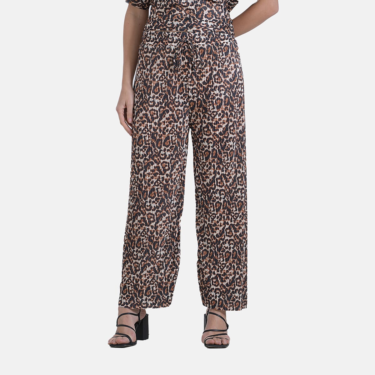 Tamsy Brown Leopard 2 Piece Pleated Polyester Top and Bottom Set - One Size Fits Most image number 5