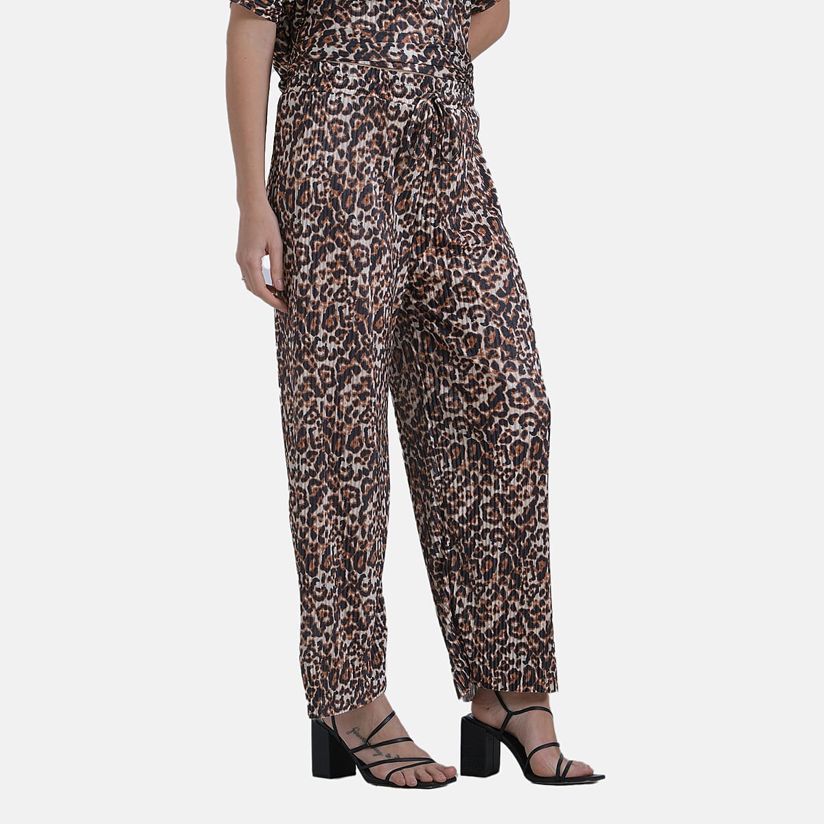 Tamsy Brown Leopard 2 Piece Pleated Polyester Top and Bottom Set - One Size Fits Most image number 6