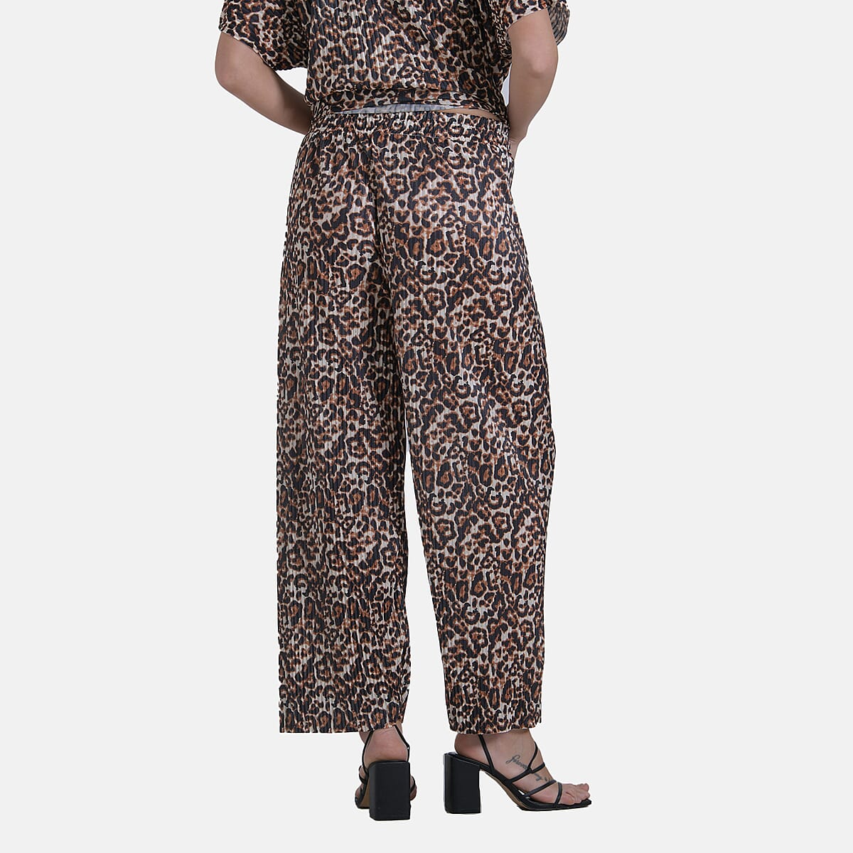 Tamsy Brown Leopard 2 Piece Pleated Polyester Top and Bottom Set - One Size Fits Most image number 7