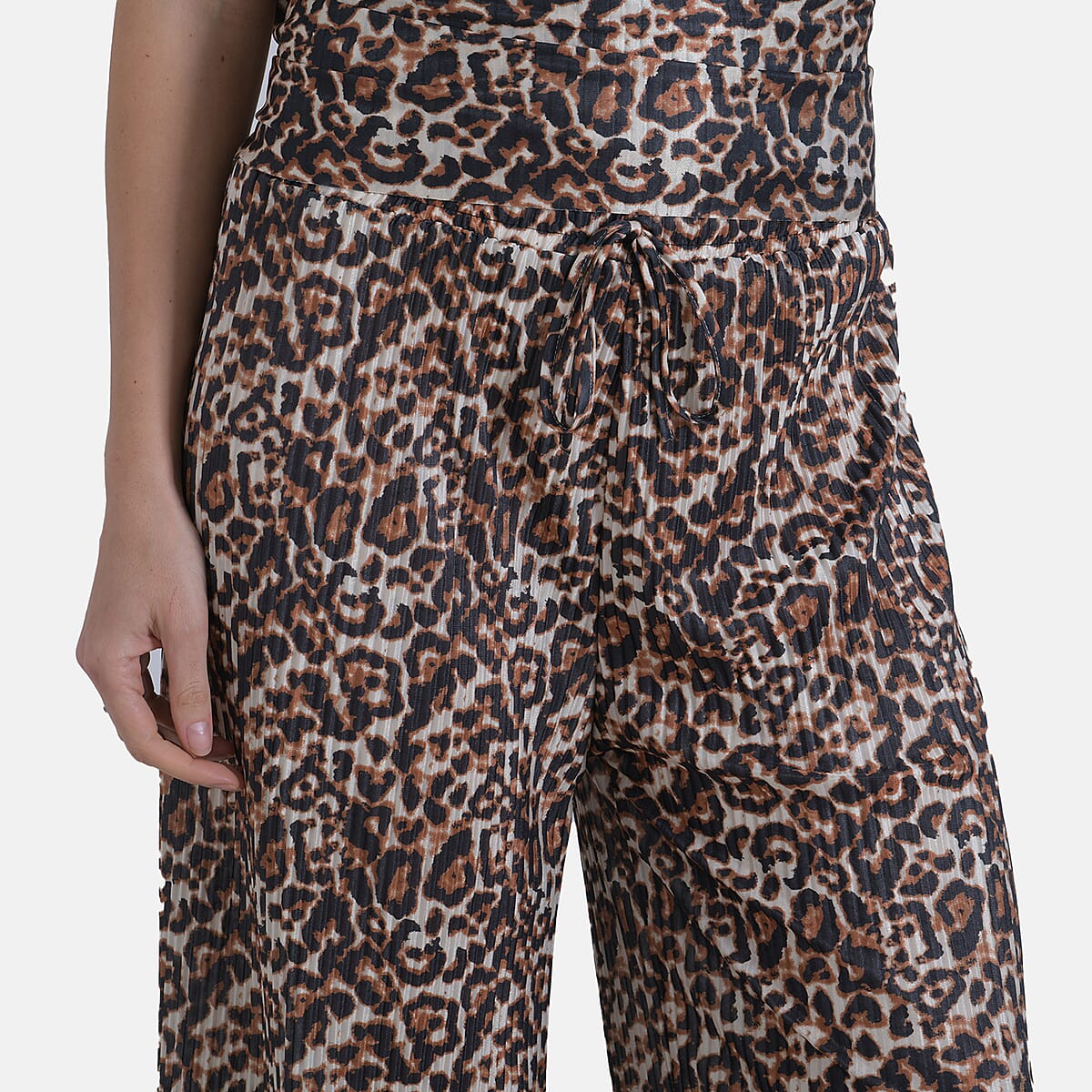 Tamsy Brown Leopard 2 Piece Pleated Polyester Top and Bottom Set - One Size Fits Most image number 8