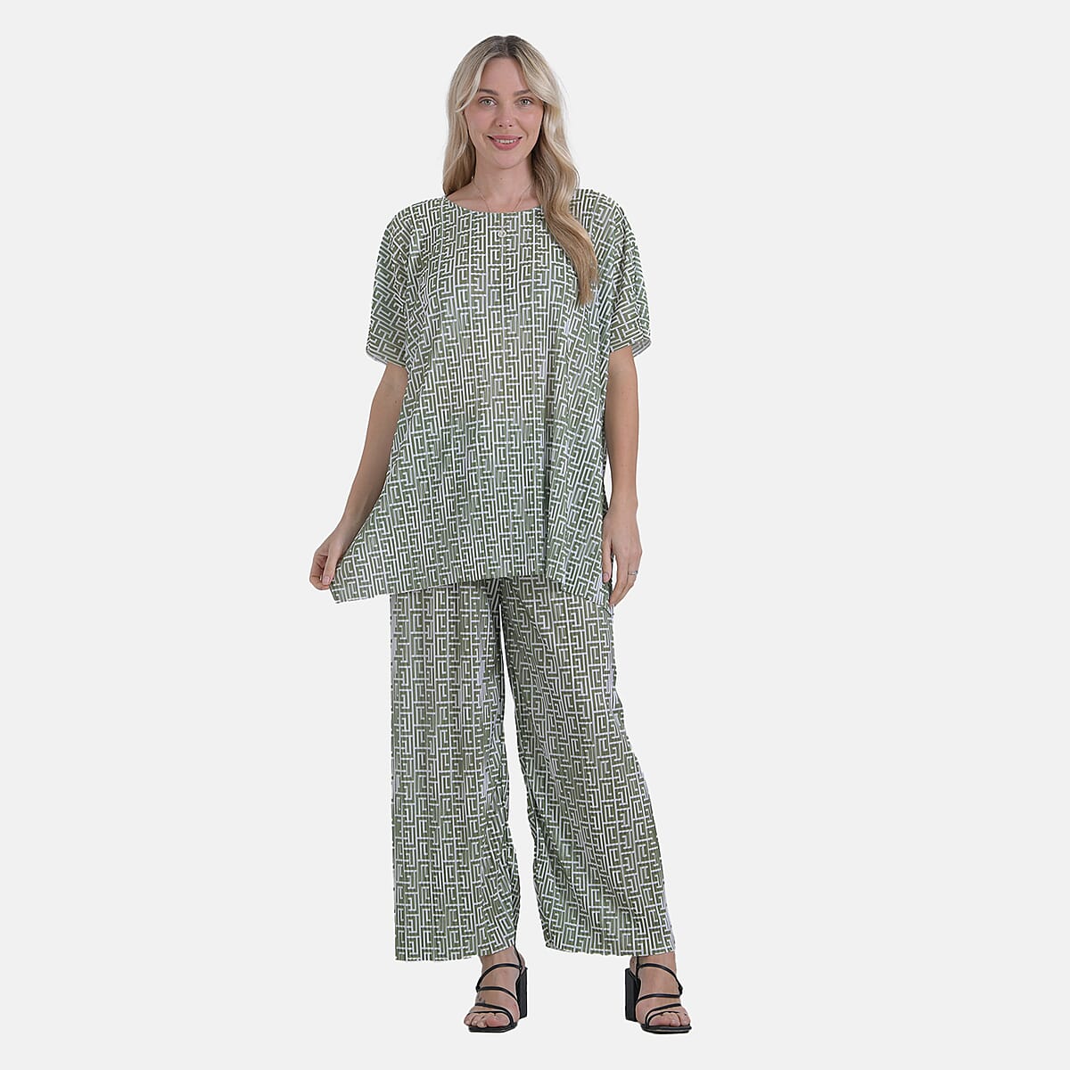 Tamsy Green Geometric 2 Piece Pleated Polyester Top and Bottom Set - One Size Fits Most image number 0