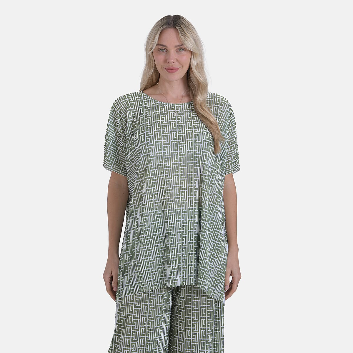 Tamsy Green Geometric 2 Piece Pleated Polyester Top and Bottom Set - One Size Fits Most image number 1