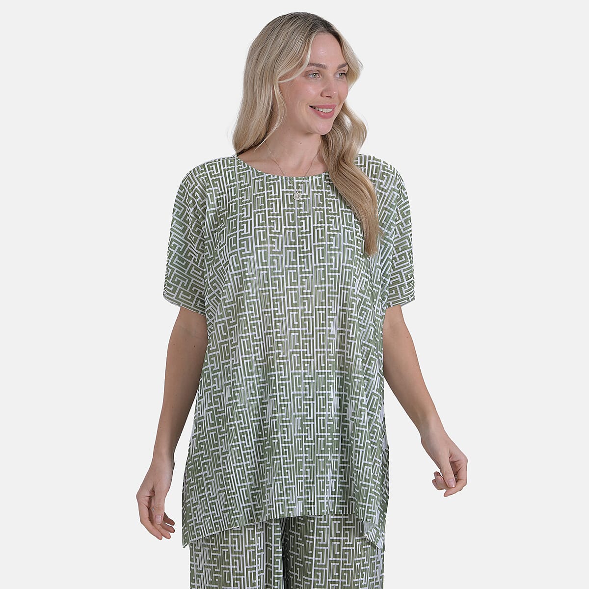 Tamsy Green Geometric 2 Piece Pleated Polyester Top and Bottom Set - One Size Fits Most image number 2