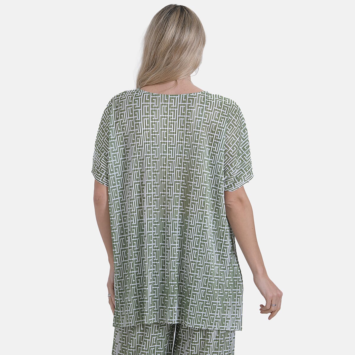 Tamsy Green Geometric 2 Piece Pleated Polyester Top and Bottom Set - One Size Fits Most image number 3