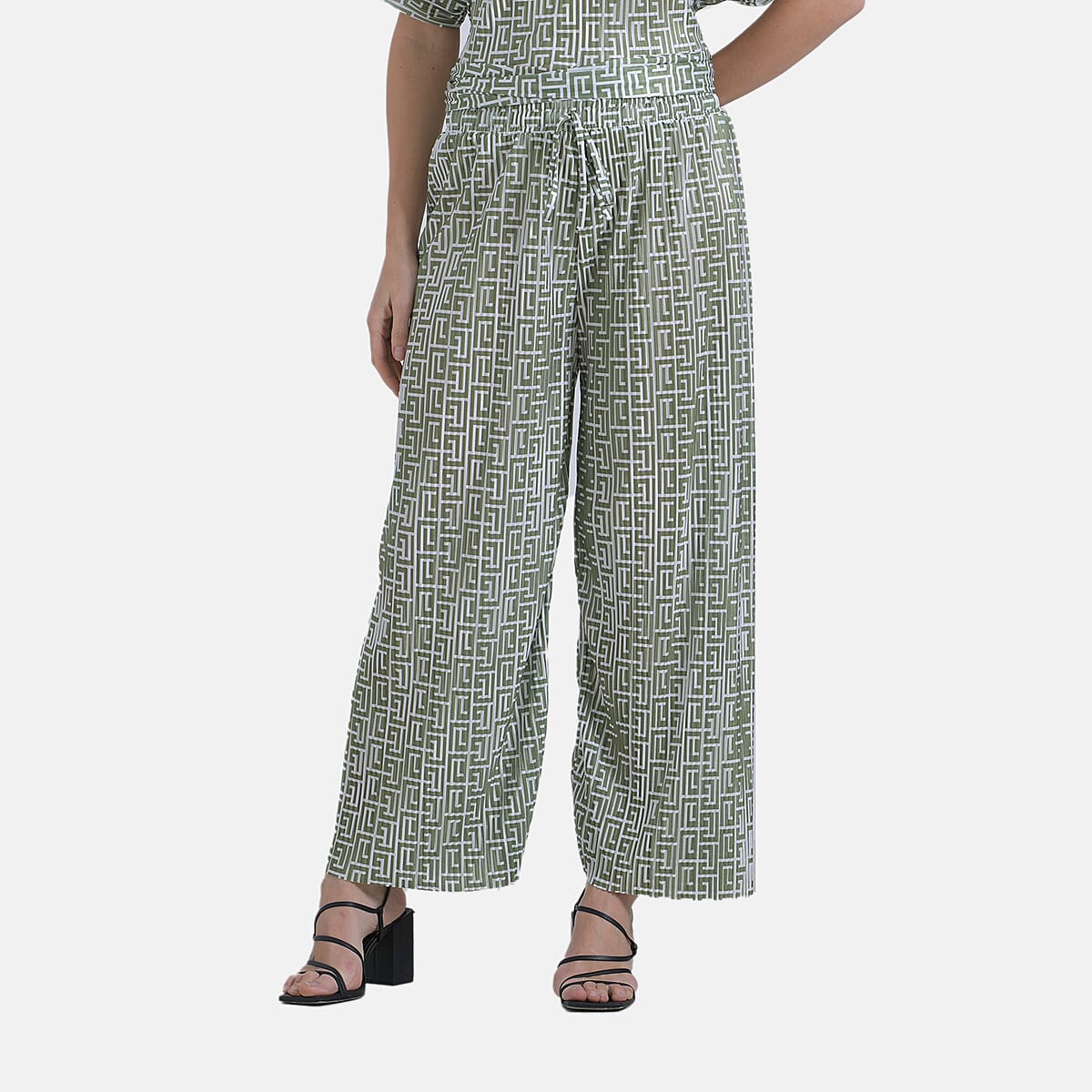 Tamsy Green Geometric 2 Piece Pleated Polyester Top and Bottom Set - One Size Fits Most image number 5