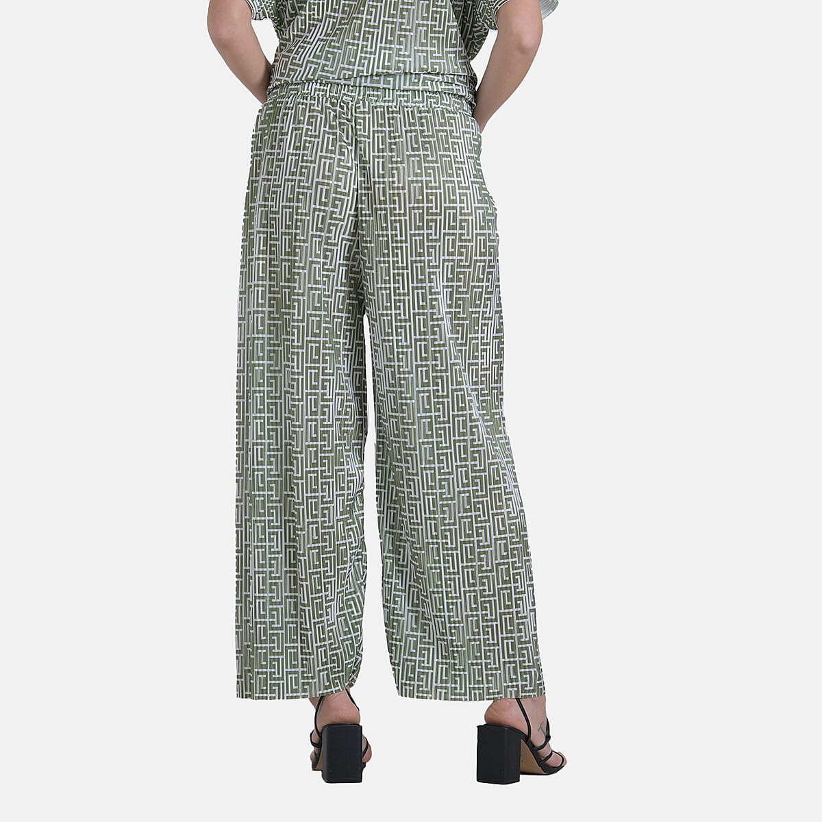 Tamsy Green Geometric 2 Piece Pleated Polyester Top and Bottom Set - One Size Fits Most image number 7