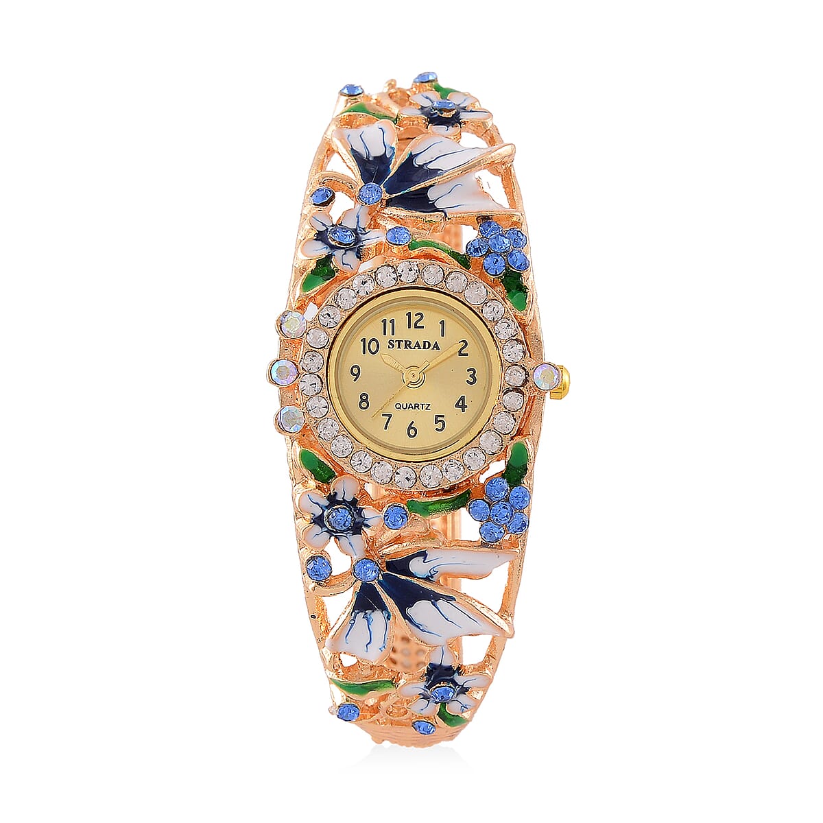 Strada Multi Color Austrian Crystal, Enameled Japanese Movement Bangle Watch in Goldtone (23.1mm) (6.5-7.0In) image number 0