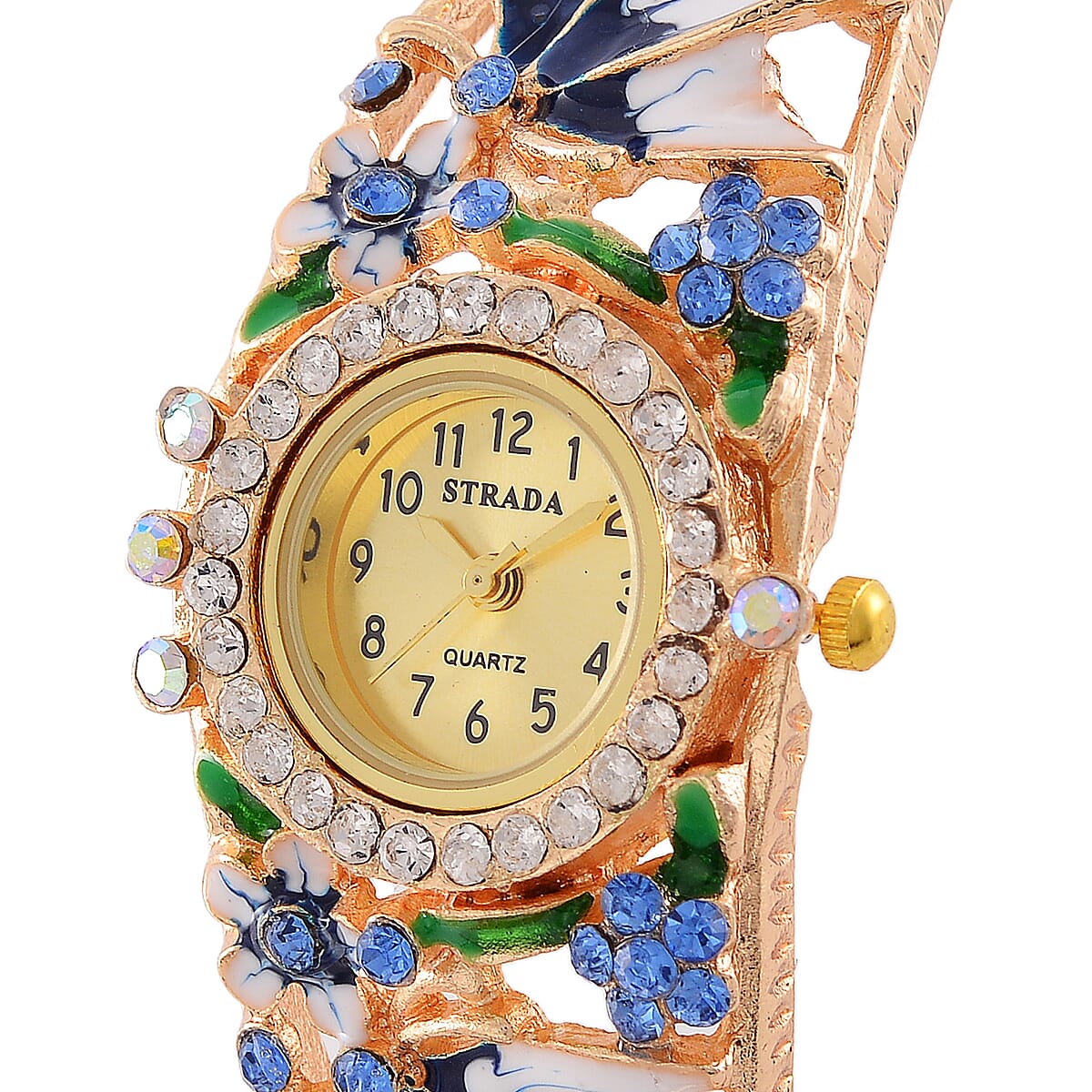 Strada Multi Color Austrian Crystal, Enameled Japanese Movement Bangle Watch in Goldtone (23.1mm) (6.5-7.0In) image number 2