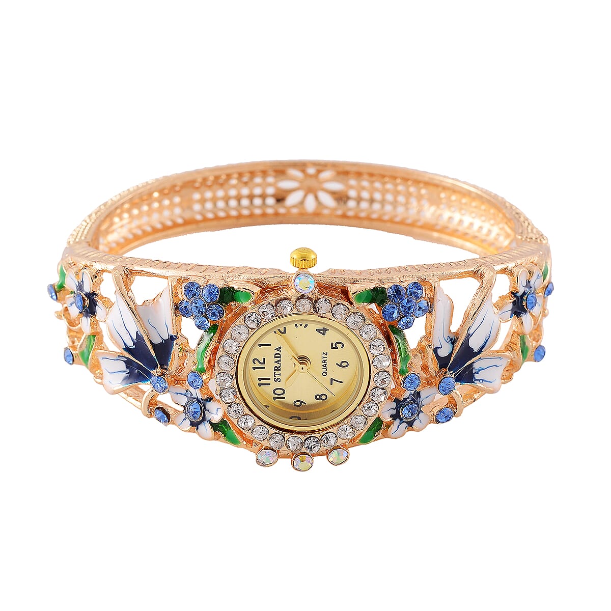 Strada Multi Color Austrian Crystal, Enameled Japanese Movement Bangle Watch in Goldtone (23.1mm) (6.5-7.0In) image number 3