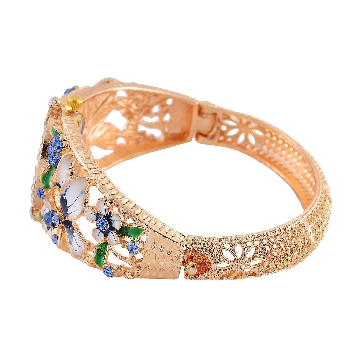 Strada Multi Color Austrian Crystal, Enameled Japanese Movement Bangle Watch in Goldtone (23.1mm) (6.5-7.0In) image number 4