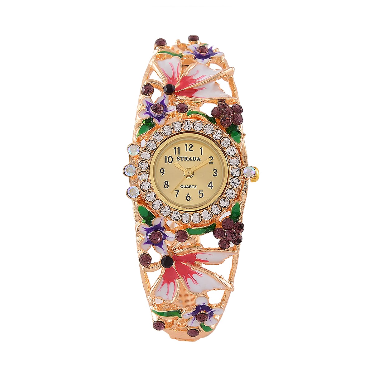 Strada Multi Color Austrian Crystal, Enameled Japanese Movement Bangle Watch in Goldtone (23.1mm) (6.5-7.0In) image number 0