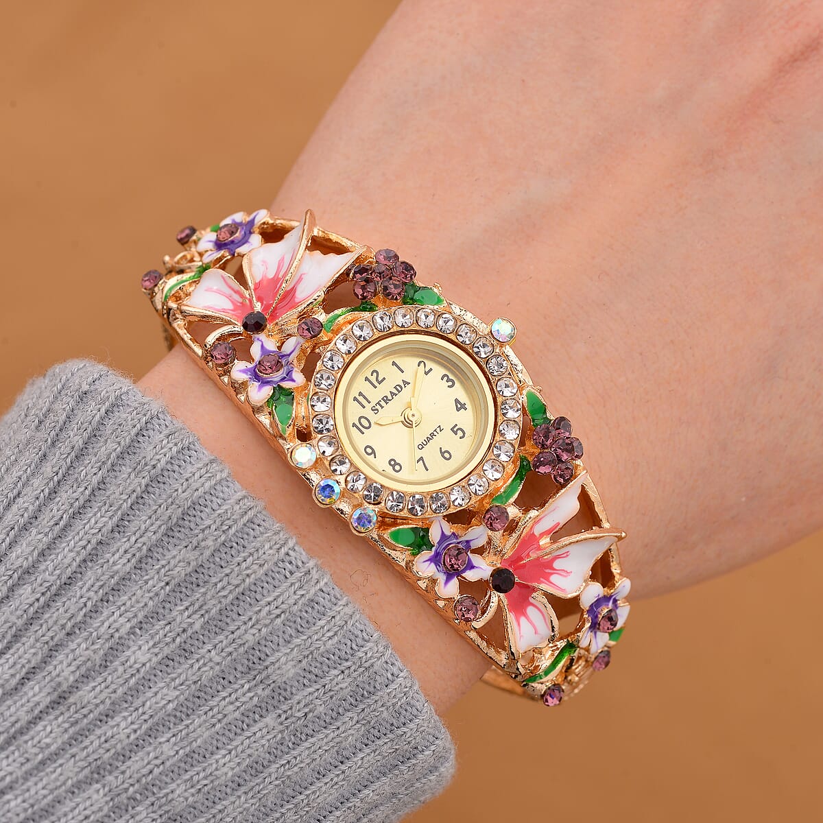 Strada Multi Color Austrian Crystal, Enameled Japanese Movement Bangle Watch in Goldtone (23.1mm) (6.5-7.0In) image number 1