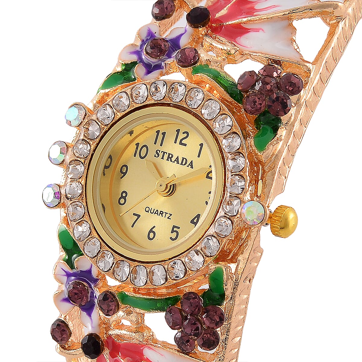 Strada Multi Color Austrian Crystal, Enameled Japanese Movement Bangle Watch in Goldtone (23.1mm) (6.5-7.0In) image number 2
