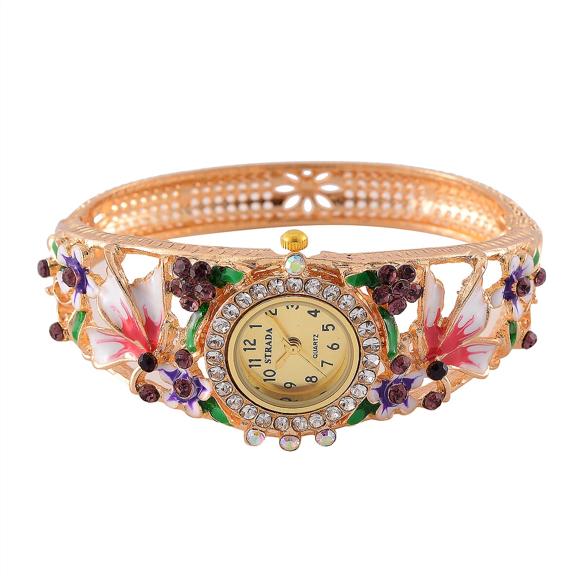 Strada Multi Color Austrian Crystal, Enameled Japanese Movement Bangle Watch in Goldtone (23.1mm) (6.5-7.0In) image number 3