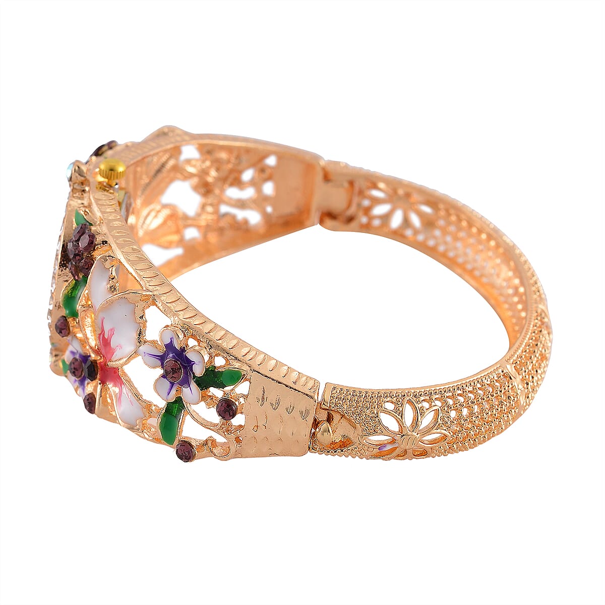Strada Multi Color Austrian Crystal, Enameled Japanese Movement Bangle Watch in Goldtone (23.1mm) (6.5-7.0In) image number 4