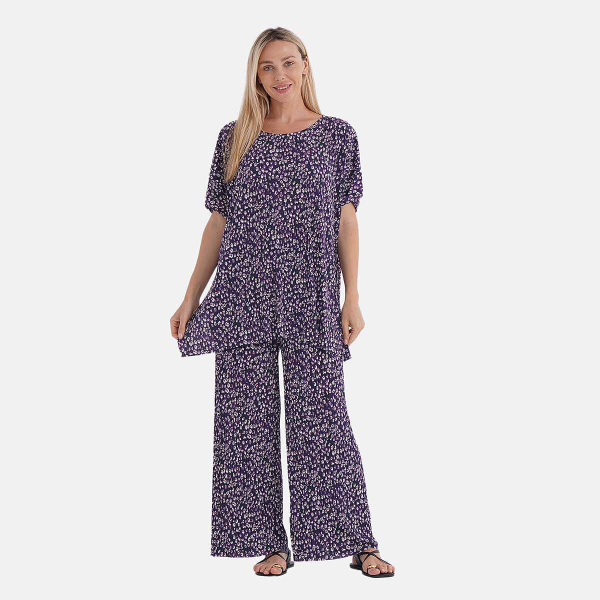 Tamsy Purple Floral 2 Piece Pleated Polyester Top and Bottom Set - One Size Fits Most image number 0