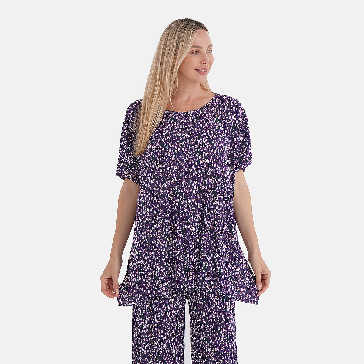 Tamsy Purple Floral 2 Piece Pleated Polyester Top and Bottom Set - One Size Fits Most image number 1