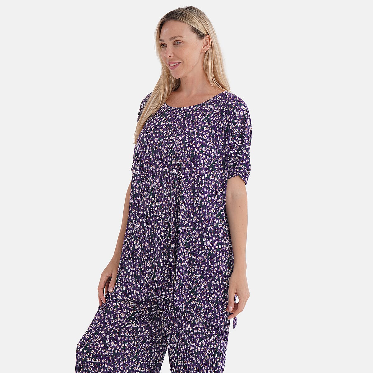Tamsy Purple Floral 2 Piece Pleated Polyester Top and Bottom Set - One Size Fits Most image number 2