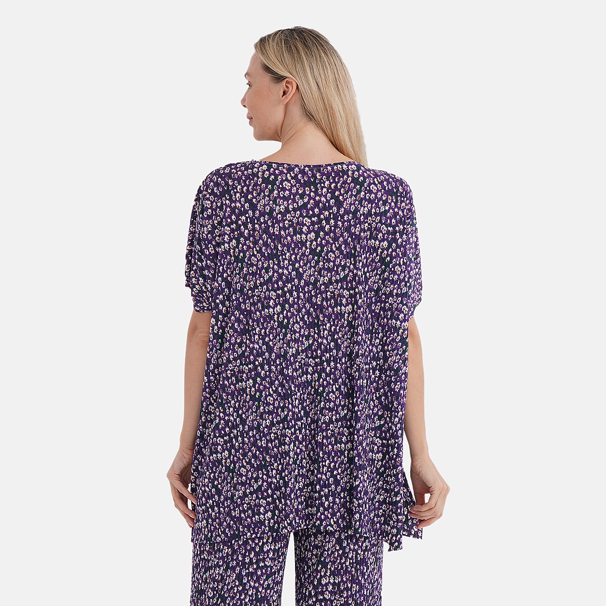 Tamsy Purple Floral 2 Piece Pleated Polyester Top and Bottom Set - One Size Fits Most image number 3