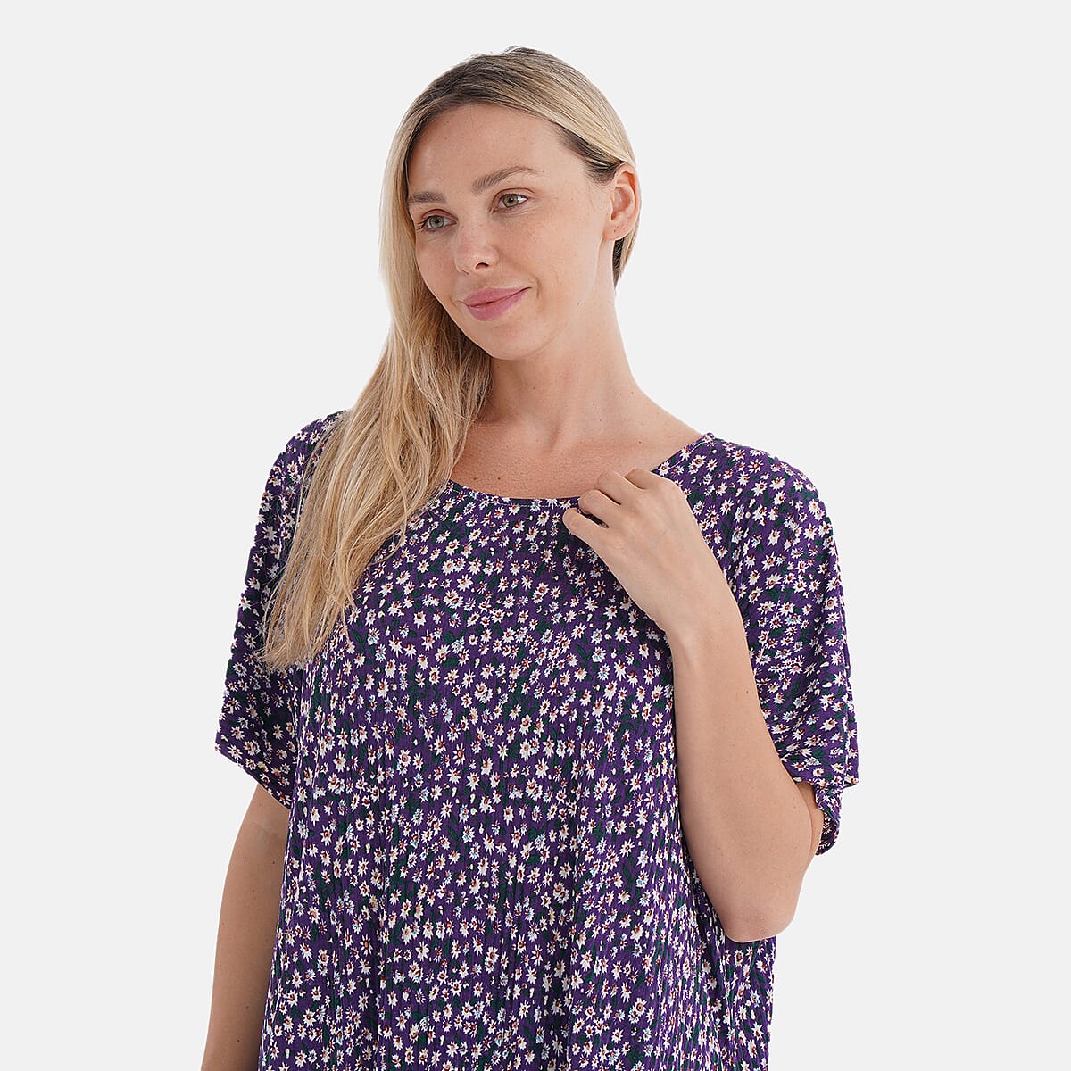Tamsy Purple Floral 2 Piece Pleated Polyester Top and Bottom Set - One Size Fits Most image number 4